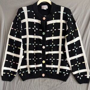 Spice of Life Vintage Black White Ribbon Grid Cardigan Crochet Buttons Large